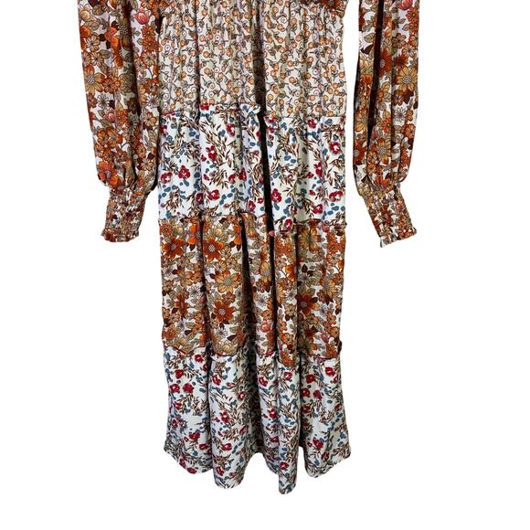 Umgee Floral Tiered Long Sleeve Maxi Dress Womens S Brown Farmhouse Cottagecore - Picture 4 of 7